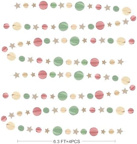 Champagne Gold Sage Green Dusty Rose Pink Beige 3D Polka Dot Star Hanging Streamer Circle Dot Star Banner Garland for Girl Wild Safari Jungle Woodland Birthday Party Decorations Supplies - Image 2