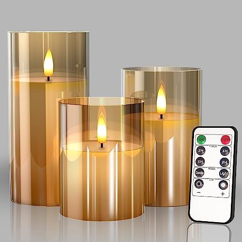 Tyawon Glass Battery Operated LED Flameless Candles with Remote and Timer, Real Wax Candles Warm Color Flickering Light for Festival Wedding Home Party Decor(Pack of 3)-Gold by FlamelessCandles