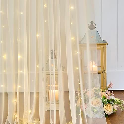 Champagne Backdrop Curtains with Lights String for Wedding Parties 10×10ft Sheer Tulle Backdrop Curtain for Bridal Shower Baby Shower Birthday Party Photo Shoot Decorations 2 Panels 5×10ft - Image 6