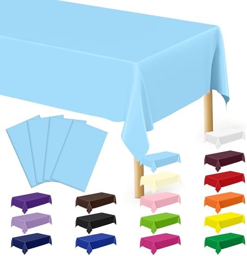 4 PCS SkyBlue Plastic Tablecloth, 54" x 108" Waterproof Picnic Table Cover for Indoor Outdoor, Disposable Stain Resistant Table Cloth of Baptism Decorations, Picnic Camping Party Essentials by QZYL