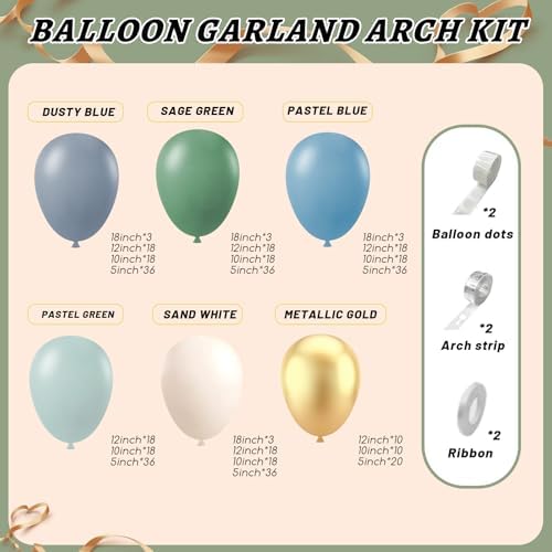 412Pcs Dusty Blue Green Balloon Garland Arch Kit,Haze Fog Blue Ash Mist Sage Green Sand White Gold Balloons Different Sizes Matte Latex Balloons for Baby Shower Birthday Wedding Party Decorations - Image 2