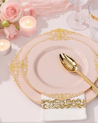 Nervure 350Pcs Pink Plastic Plates, Plastic Dinnerware Set for 50 Guests - Image 2