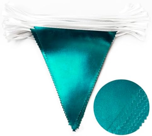 Teal Aqua Blue Triangle Pennant Banner Turquoise Metallic Fabric Flag Bunting Garland for Birthday Bridal Shower Graduation Wedding Holiday Retirement Under The Sea Mermaid Party Decorations Supplies - Image 3
