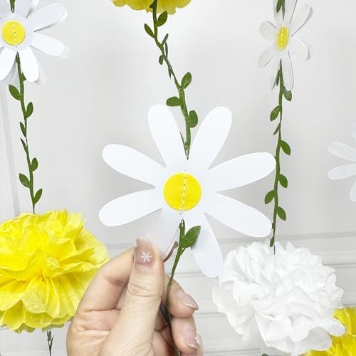 Daisy Party Decorations Yellow White Tissue Flowers Pom Pom Daisy Hanging Leaf Garland Streamer Banner for Spring Summer Themed Birthday Wedding Shower Tea Party Supplies Home Garden Decor - Image 6