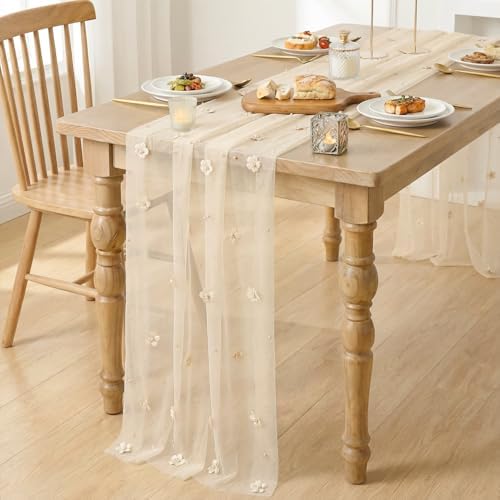Artoid Mode Flower Pearl Champagne Gauze Table Runner 10FT 6PC, Seasonal Sheer Dining Holiday Wedding Birthday Baby Shower Table Decor for Home Party - Image 3