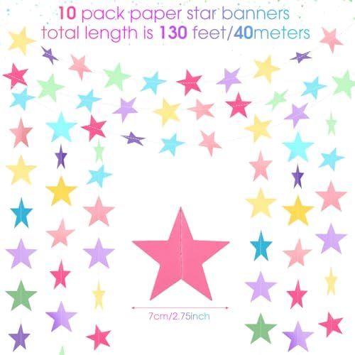 Patelai Macaron Color Glitter Star Garland Banner 2026 New Years Decor 130 Feet Rainbow Candy Themed Star Hanging Banner Twinkle Backdrop for Baby Shower Easter Birthday Classroom Party Supplies - Image 2
