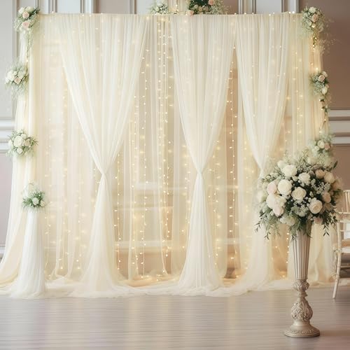 30ft x 10ft Ivory Backdrop Curtain with Lights String for Parties, Sheer Tulle Wedding Photo Backdrops Drapes for Baby Shower Birthday Party Decorations Background for Photography by Shillance