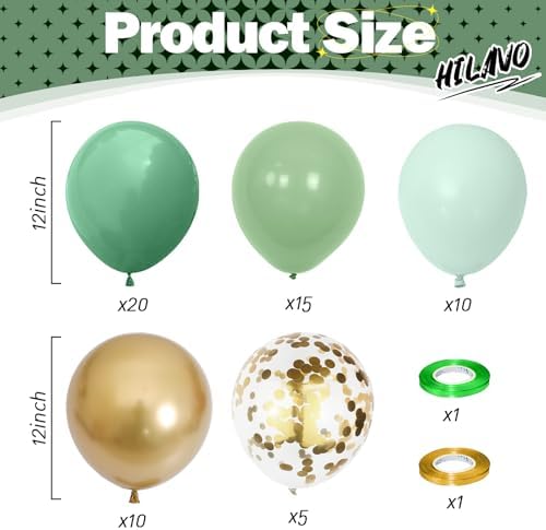Sage Green Balloons Set, 60Pcs 12 Inch Olive Macaron Pastel Green Balloons with Metallic Confetti Gold Jungle Latex Balloon for Birthday Party Woodland Safari Baby Bridal Shower Decorations Supplies - Image 2