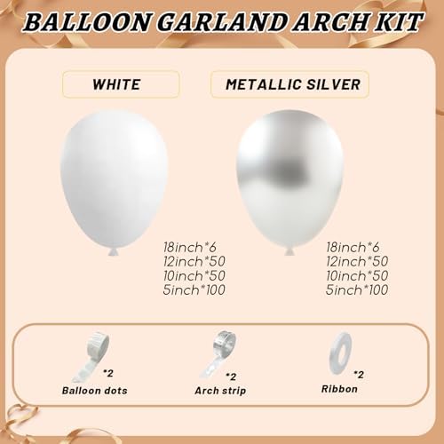 412Pcs White and Silver Balloons Arch Kit, 18 12 10 5 Inch White Metallic Silver Latex Balloon for Wedding Bridal Shower Engagement Anniversary Birthday Party Decorations - Image 2