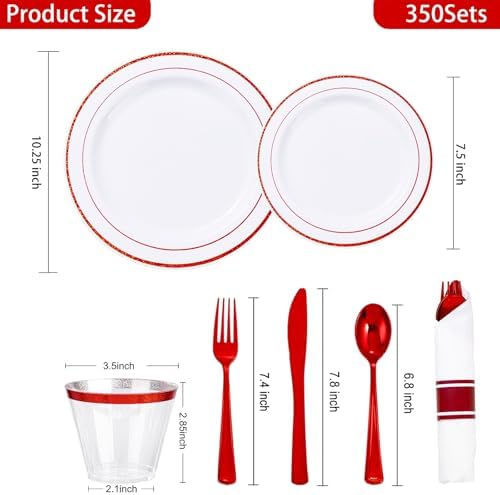 WELLIFE 350 Pcs Red Plastic Plates for 50 Guests - Plastic Dinnerware Set,Valentines Party Supplies Includes 100 Red Plates,150 Silverware,50 Napkins,50 Cups, Valentines Plates - Image 2