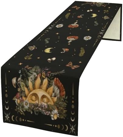 Sun Moon Moth Mushroom Table Runner Moon Phase Floral Seasonal Spring Autumn Gothic Tarot Dinner Runner for Farmhouse Kitchen Dining Table Holiday Party Decoration 13"x120" by SHElifestyle