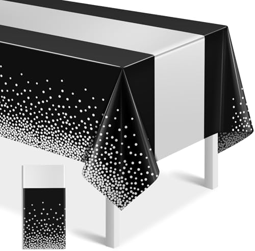 1Pcs Black Silver Tablecloth Party Decorations,Plastic Black Table Cloth Printed Silver Table Runner Disposable Rectangle Table Cover for Birthday Anniversary Wedding Graduation Party,54 x108 Inch by MASHAN