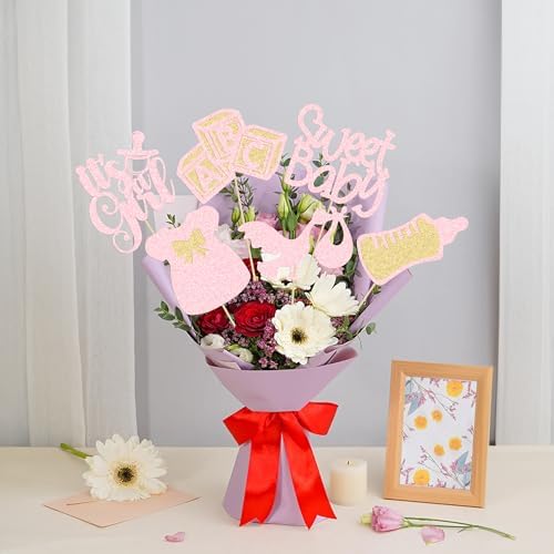Gyufise 12Pcs Baby Shower Centerpiece Sticks Glitter Tie Onesie Oh Baby Gender Reveal It's a Girl Table Centerpiece Sticks for Baby Shower Gender Reveal Kids Birthday Party Supplies Light Pink - Image 6