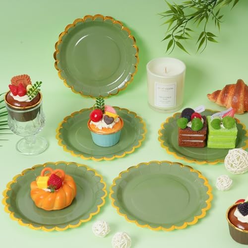 Sage green & gold scalloped party plates with napkins and fork gold foil border, 24 Guest green disposable Tableware Set Party Decoration for Birthday Coquette Bridal Baby Shower Valentines - Image 3