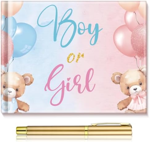 Fuyoooo 27 Pcs Gender Reveal Guest Book Set Blue Pink Bear with Gold Pen by Liraitoya