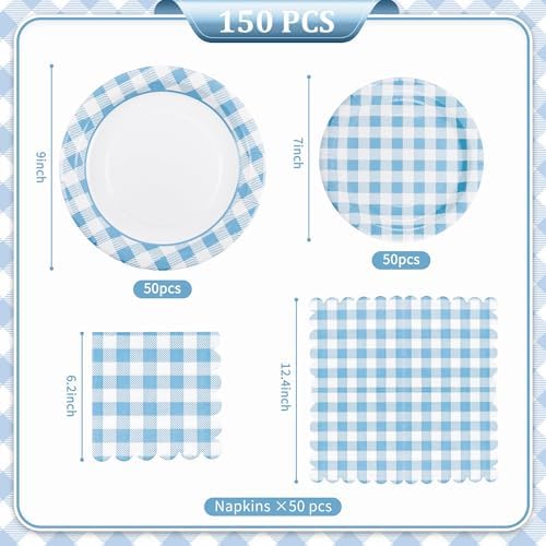 150 Pcs Light Blue Gingham Paper Plates and Napkins, Plaid Party Set - Image 2