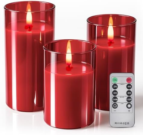 Tyawon Glass Battery Operated LED Flameless Candles with Remote and Timer, Real Wax Candles Warm Color Flickering Light for Festival Wedding Home Party Decor(Pack of 3)-Red by FlamelessCandles