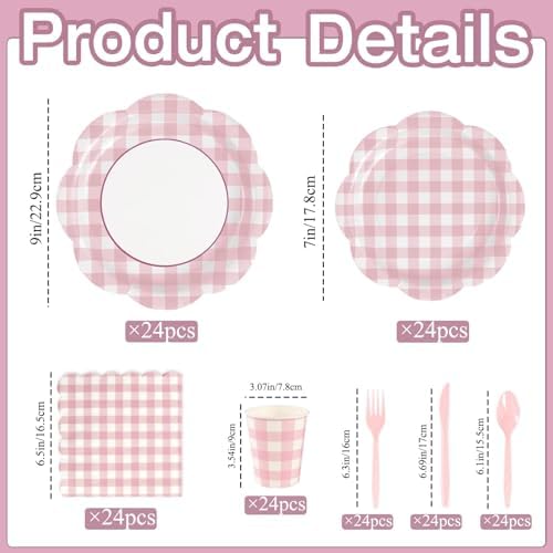 168Pcs Pink Gingham Scalloped Paper Plates and Napkins Set for 24 Guests - Image 3