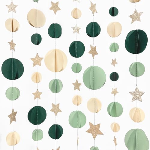 Champagne Gold Sage Green Beige 3D Polka Dot Star Hanging Streamer Circle Dot Star Garland Banner for Neutral Birthday Wedding Engagement Safari Jungle Woodland Party Decorations Supplies - Image 4