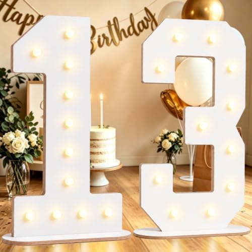 Pooqla 13th Birthday Decorations, 17.3 in White Wooden Light Up Numbers by Pooqla