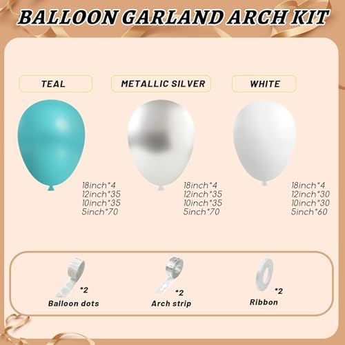 412Pcs Teal Silver White Balloon Garland Arch Kit, 18 12 10 5 Inch Different Size White Metallic Silver Teal Balloons Balloons,for Birthday Party Graduation Baby Shower Wedding Holiday Decoration - Image 2