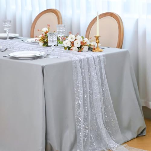 Snowkingdom White Silver Table Runner Gauze Sheer Tulle 10 FT 120 Inch Sparkly Metallic Foil Glitter Sequin Party Table Decor Centerpieces for Party Wedding Bridal Baby Shower Christmas New Year - Image 5