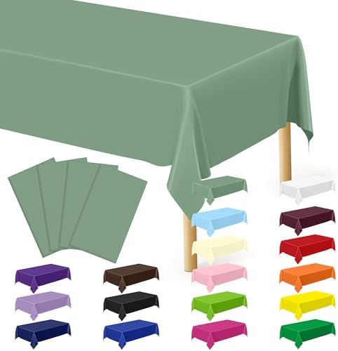 4 Pcs Picnic Table Cover, 54" X 108" Table Cloth Rectangle Table, Disposable Sagegreen Plastic Table Cover, Waterproof Tablecloths for Wedding, Baby Shower Decorations and Birthday Party Supplies by QZYL