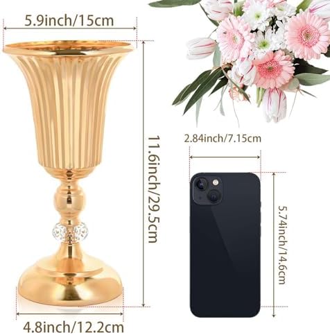 2PCS Gold Metal Wedding Flower Trumpet Stripe Vases Crystal Table Centerpieces for Artificial Flower Arrangements for Anniversary Celebration/Wedding/Party/Birthday Event Aisle Home Decor - Image 2