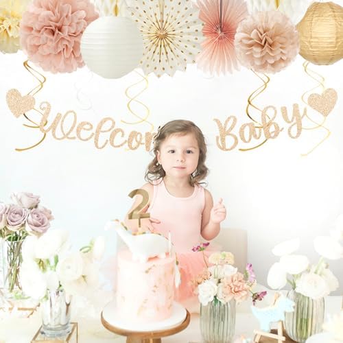 Champagne-Gold Fall Boho Baby Shower Party-Decorations - 21pcs Girls Welcome Baby Banner,Beige One Sweet Peach Paper Lanterns Pom Poms, Neutral Streamers Garland Decor Favors Huglony - Image 6