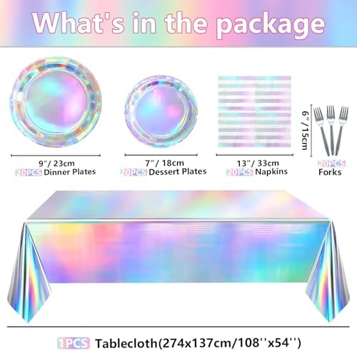 Iridescent Party Supplies for 20 Guests, Disposable Iridescent Tableware Set Includes Holographic Paper Plates, Napkins, Forks, Tablecloth for Birthday Mermaid Themed Party Decorations Wedding - Image 2