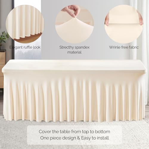 Wish Care 2 Pack Ivory Spandex Table Clothes for 4 Foot Rectangle Tables, 4FT Wrinkle Free Fitted Tablecloths Ruffles Design Table Cover for Party, Banquet, Wedding and Events - Image 2