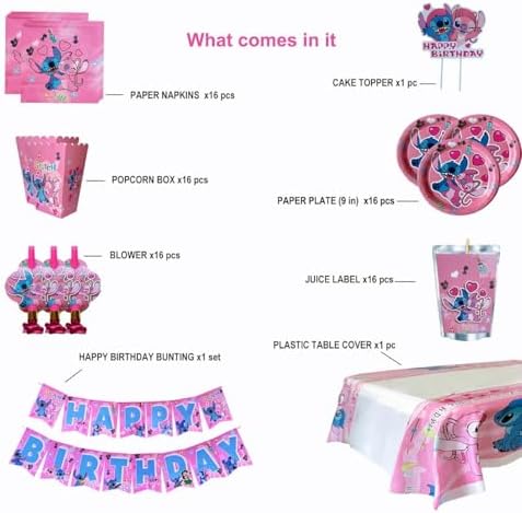 Pink Stitch kids Birthday Party supplies decoration set for 16 Guests–83PCS Set with 16 Plates9'' Napkins popcorn boxes birthday Banner juice labels blowouts Cake Topper & Tableware - Image 2