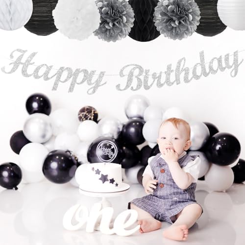 Black White Silver Birthday Party-decorations - 21pcs Boys Men Happy Banner,Paper Streamers Lanterns Honeycomb,Tissue Pom Poms Fan,Adult Supplies Decor 16th 20th 40th 45th 50th 60th Huglony - Image 4