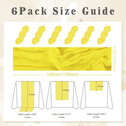 6 Pack Yellow Cheesecloth Table Runner 20 x 120 Inch Long Rustic Gauze Cheese Cloth Table Runner for Wedding 10FT Bridal Baby Shower Table Decorations Boho Fabric Sheer Birthday Party Table Decor - Image 2