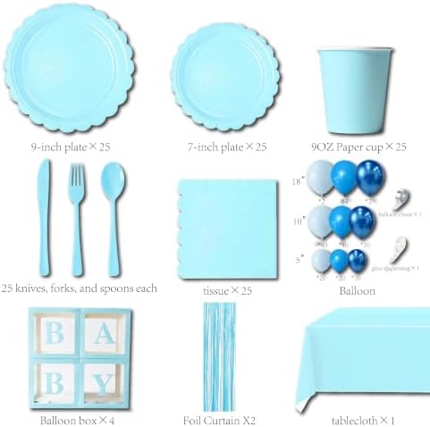 287PCS Blue Party Decorations Set, Complete 25 Guests Disposable Tableware Kit with Plates Cups Napkins Cutlery, Tablecloths, Foil Curtains, Balloon Boxes & Mixed Size Balloon Arch Kit - Image 2
