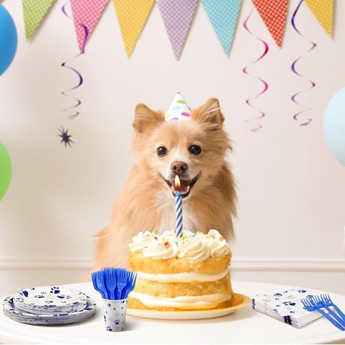 Kochorie 144 Pieces Blue Paw Print Party Tableware Sets Including Disposable Plates Napkins Cups Forks Serves 24 for Dog Puppy Theme Party Supplies - Image 5
