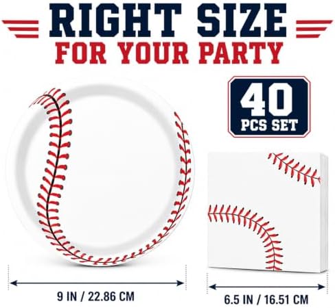 40 Pcs Baseball Plates and Napkins Set, Large 9 Inch Party Plates - Image 2
