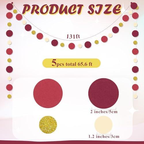 Outus 5 Pieces Maroon,Gold Round Dots Garland Party Hanging Decor - Image 2