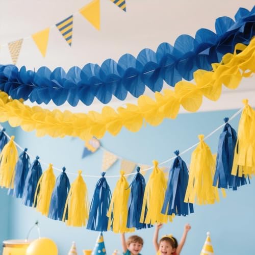 Navy Blue and Yellow Tissue Paper Tassels Party Tassel Garland Banner for Blue Yellow Party Decorations, DIY Kits,20PCS - Image 4