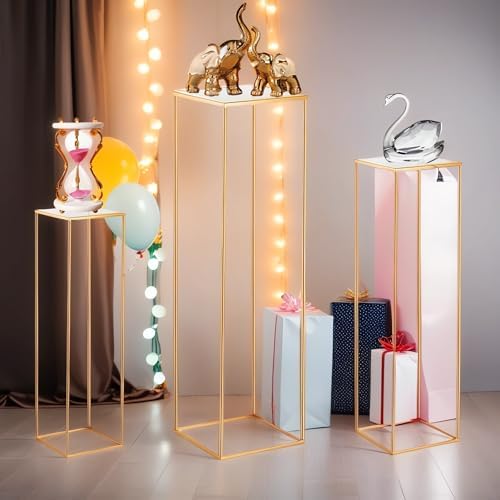 3PCS Cylinder Pedestal Stands for Parties, Square Gold Metal Plant Cylinder Stands for Party Flowers, Display Columns Pedestal Stand Cylinder Tables for Vases Birthday Party Decorations - Image 2