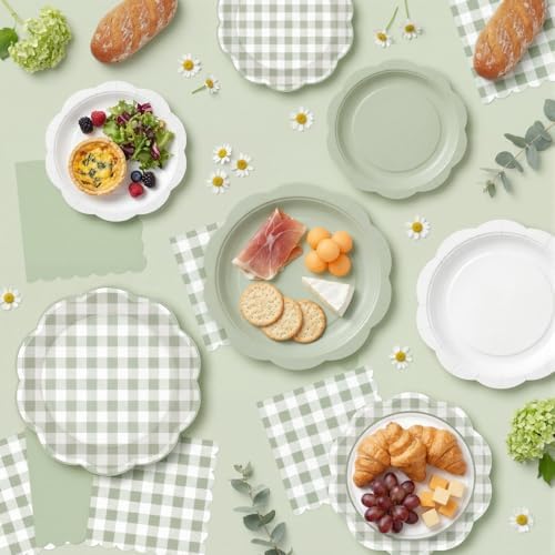 LemonRoad 100 Pcs Sage Green Gingham Paper Plates Napkins Plastic Tablecloth Set for 24, Green White Disposable Dinner Dessert Scalloped Plates for Baby Shower Picnic Birthday Party Supply Decoration - Image 4