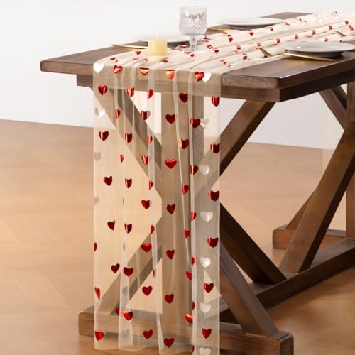 Gold Gauze Table Runner Red Heart Sheer Romantic Wedding Party Table Decor - Image 3