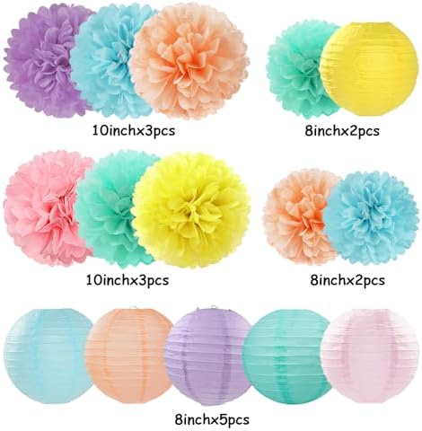 Pastel Rainbow Colorful Party-Decorations Paper Flowers Lanterns - 15PCS Birthday Classroom Baby Shower Tissue Pom Poms Streamers, Macaron Carnival Theme Hanging Supplies Decor Hugfond - Image 6