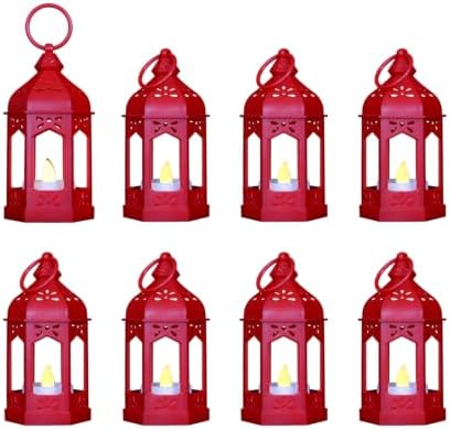 LLQ 8 Pcs Mini Lantern Decor Moroccan Lantern with Flickering LED Candle Table Centerpiece Small Vintage Christmas Hanging Lamp Ornaments Bulk for Wedding Halloween Christmas Party (5 Inch,Red) by LLQ-LuckLifeQuality