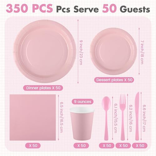 Kochorie 350 Pcs Pink Paper Dinnerware Set, 7 & 9 Inch Disposable Pink Dessert Plates Cups Napkins Cutlery Party Supplies for Birthday Wedding Baby Shower Party Decoration, Serve 50 - Image 2