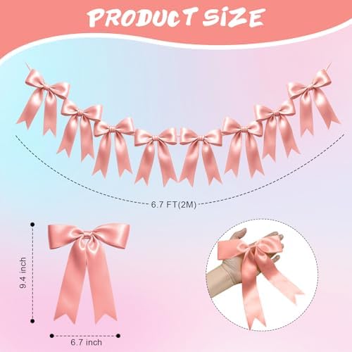 1 String of 8PCS Rose Pink Bow Garland Banner Decoration,Pre-Strung Satin Ribbon Ornaments for Birthday,Bachelorette Party,Bridal Shower,Wedding,Engagement,Baby Shower,Graduation Decor,Anniversary - Image 2