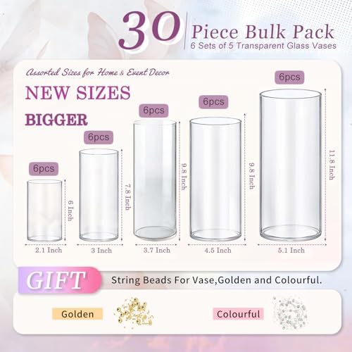 30pcs 11.8Inch Large Size Glass Vase Cylinder for Centerpieces Small Flower Glass Clear Home Decor Centerpiece Table Flower Vase Decorations for Wedding＆Holiday 6,7.9,10,10,11.8Inch Tall - Image 2