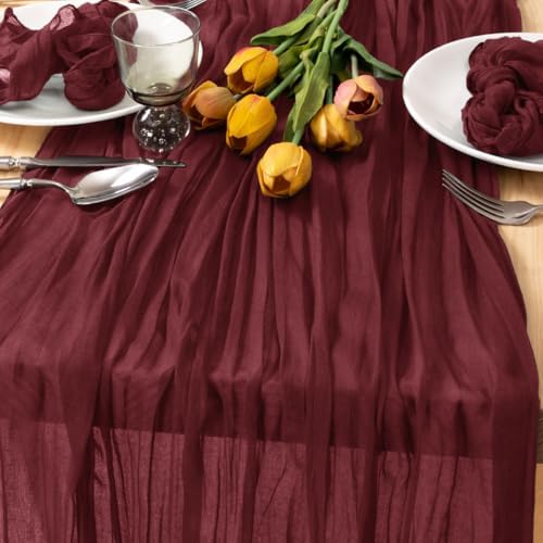 Burgundy Cheesecloth Table Runner Fall Dinning Runner for Christmas, 2 Pack - Image 2