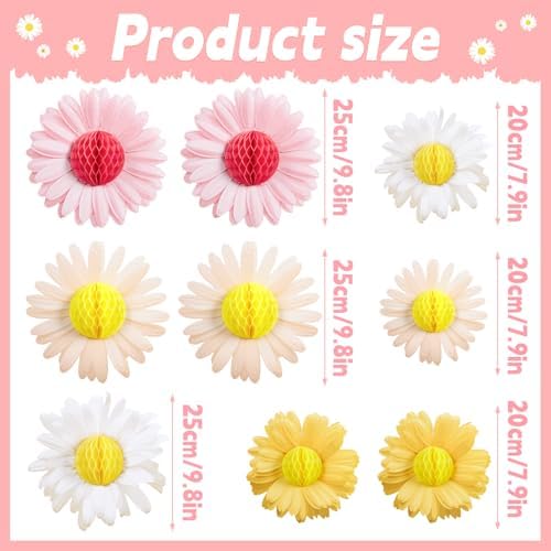 SUNBEAUTY Daisy Flower Hanging Decoration 9Pcs Pink and Yellow Daisy Honeycomb Paper Flower Decorations for Spring Summer Wall Birthday Wedding Classroom Backdrop Garden Tea Party Decor - Image 3