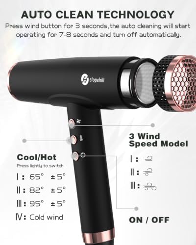 slopehill Professional Ionic Hair Dryer with Diffuser - Lightweight, Compact, Powerful & Fast Salon Blow Dryer with High Speed Brushless Motor for Travel, Women & Men Ceramic, Black - Image 3